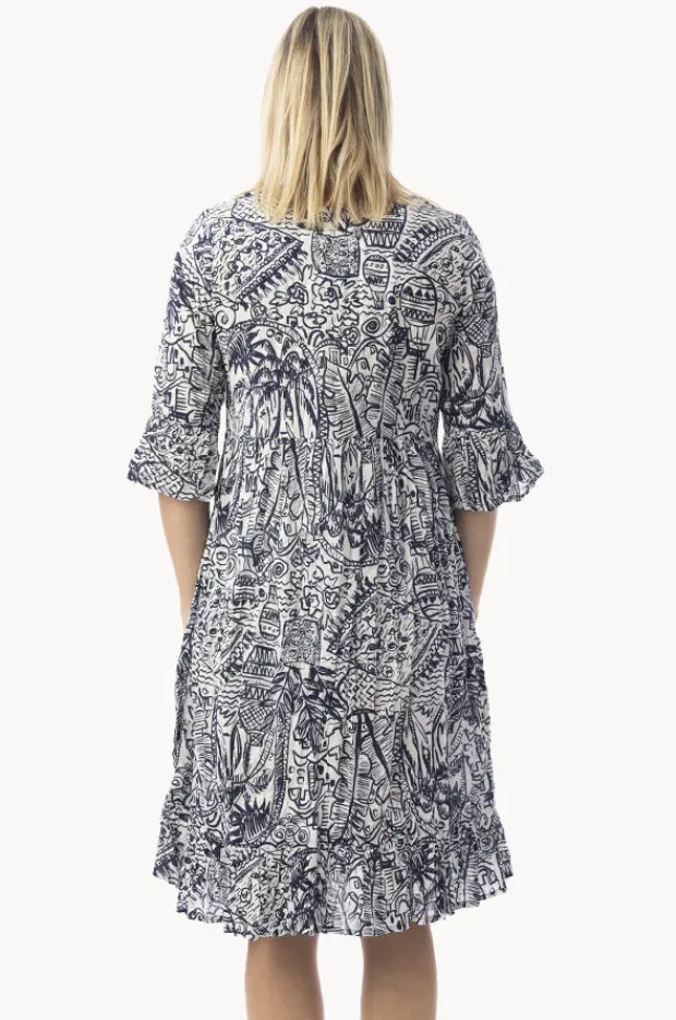 Dresses|Orientique Aksharay Frill Sleeve Pleat Dress Navy