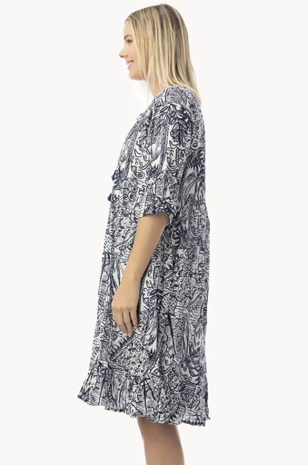 Dresses|Orientique Aksharay Frill Sleeve Pleat Dress Navy