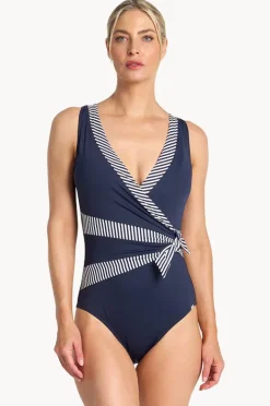 One Pieces|Jantzen Anchor Stripe Sash Surplice One Piece Navy