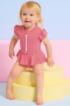 Rashies & Sunsuits|Seafolly Girls Baby Girls Textured Stripe Peplum Sunsuit Chilli Red