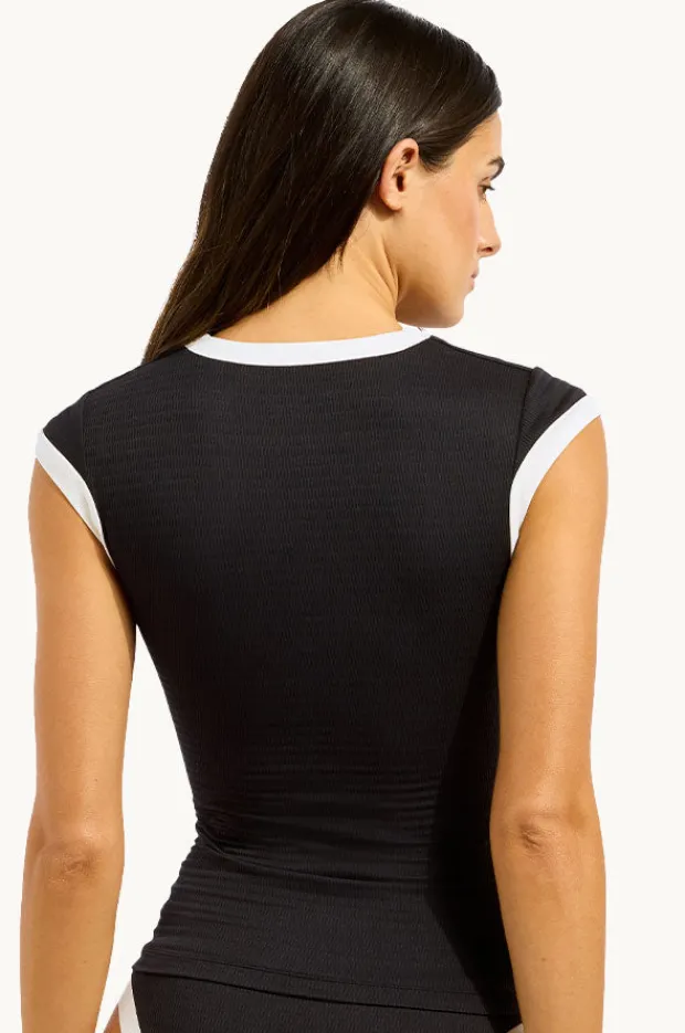 Rashies & Sunsuits|Seafolly Bandwave Cap Sleeve Suntop Black