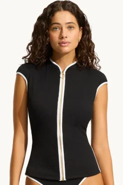 Rashies & Sunsuits|Seafolly Beach Bound Cap Sleeve Suntop Black