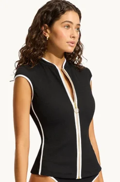 Rashies & Sunsuits|Seafolly Beach Bound Cap Sleeve Suntop Black