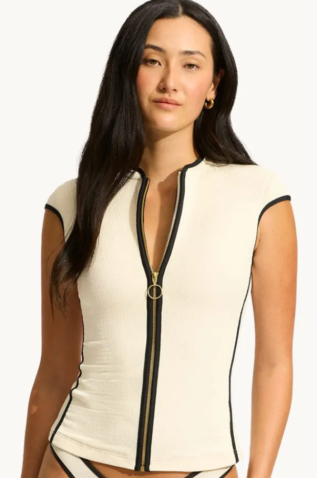 Rashies & Sunsuits|Seafolly Beach Bound Cap Sleeve Suntop Ecru