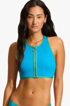 Bikini Tops|Seafolly Beach Bound Zip Front Action Back Tank Turquoise