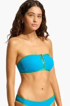 Bikini Tops|Seafolly Beach Bound Zip Front Bandeau Turquoise
