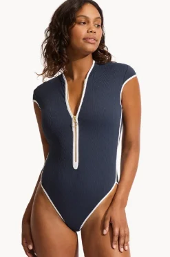 Rashies & Sunsuits|Seafolly Beach Bound Zip Front One Piece Navy