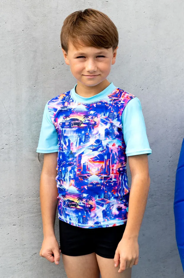 Rashies & Sunsuits|Salty Ink Boys Arcade Short Sleeve Suntop Set Blue/black