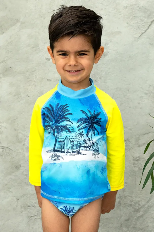 Rashies & Sunsuits|Salty Ink Boys Shipwrecked Long Sleeve Suntop Blue/yellow