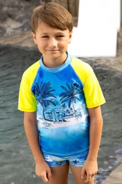 Rashies & Sunsuits|Salty Ink Boys Shipwrecked Short Sleeve Suntop Blue/yellow