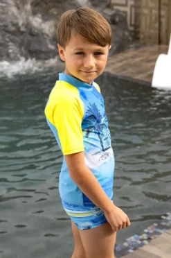 Rashies & Sunsuits|Salty Ink Boys Shipwrecked Short Sleeve Suntop Blue/yellow