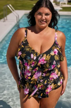 Tankini Tops|Capriosca Caribbean Tiered Frill Tankini Separate Black/pink