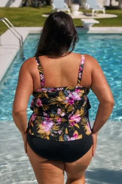 Tankini Tops|Capriosca Caribbean Tiered Frill Tankini Separate Black/pink