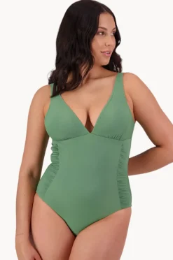 One Pieces|Moontide Contours Side Ruched Plunge One Piece Khaki