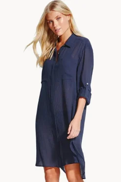 Overswim|Seafolly Crinkle Twill Beach Shirt Indigo