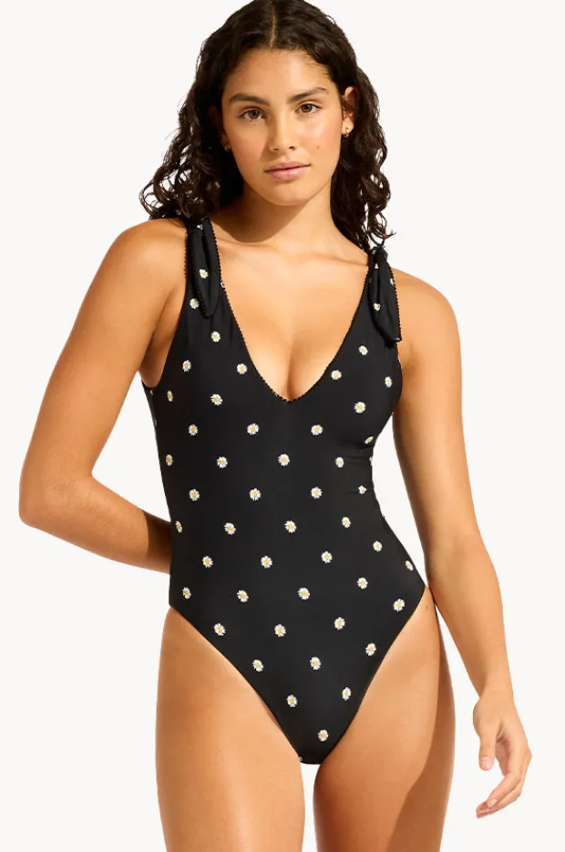 One Pieces|Seafolly Daisy Chain Deep V Neck One Piece Black