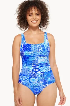 One Pieces|Togs Swimwear Delta Gathered Square Neck One Piece Blue/white