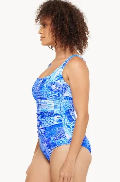 One Pieces|Togs Swimwear Delta Gathered Square Neck One Piece Blue/white