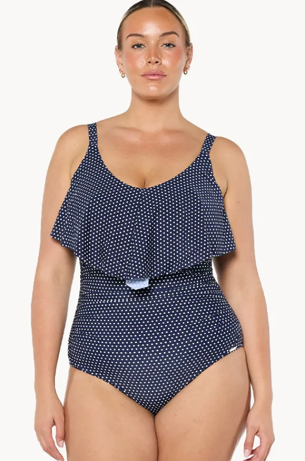 One Pieces|Capriosca Dots Frill V Neck One Piece Navy