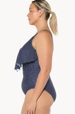 One Pieces|Capriosca Dots Frill V Neck One Piece Navy