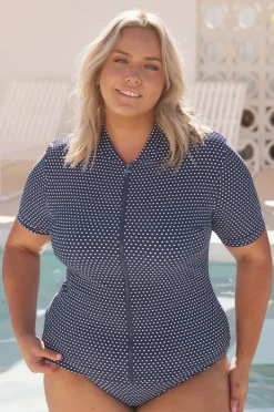 Rashies & Sunsuits|Capriosca Dots Short Sleeve Suntop Navy/white