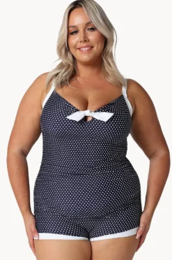 One Pieces|Capriosca Dots Tie Front Boyleg One Piece Navy/White
