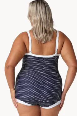 One Pieces|Capriosca Dots Tie Front Boyleg One Piece Navy/White