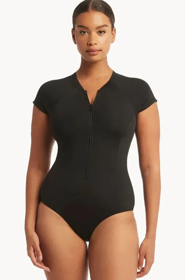 Rashies & Sunsuits|Sea Level Eco Essentials Zip Front Short Sleeve Sunsuit Black
