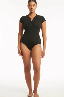 Rashies & Sunsuits|Sea Level Eco Essentials Zip Front Short Sleeve Sunsuit Black