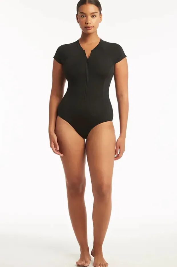 Rashies & Sunsuits|Sea Level Eco Essentials Zip Front Short Sleeve Sunsuit Black