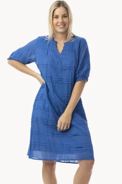 Dresses|Orientique Essentials Cotton Gauze Pleated Dress Blue