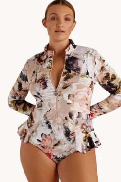 Rashies & Sunsuits|Sunsoaked Fiore Frill Long Sleeve Sunsuit Blue/Natural