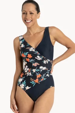 One Pieces|Jantzen Floral Gathered Cross Over One Piece Navy