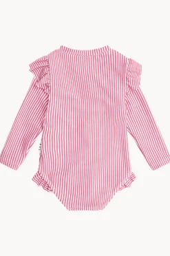 Rashies & Sunsuits|Huxbaby Girls Pie Stripe Frill Sunsuit Cherry