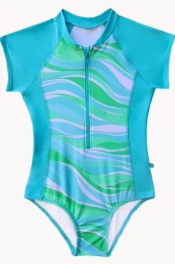 Rashies & Sunsuits|Rashies & Sunsuits|Salty Ink Girls Coastal Wave Short Sleeve Sunsuit Blue