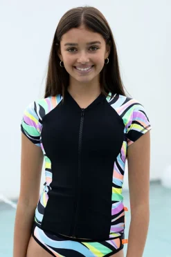 Rashies & Sunsuits|Salty Ink Girls Coastal Wave Short Sleeve Suntop Neon