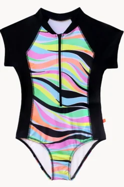 Rashies & Sunsuits|Rashies & Sunsuits|Salty Ink Girls Coastal Wave Short Sleeve Sunsuit Neon