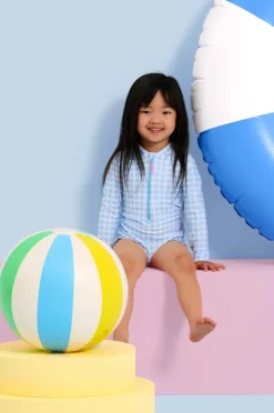 Rashies & Sunsuits|Seafolly Girls Girls Gingham Long Sleeve Sunsuit Blue