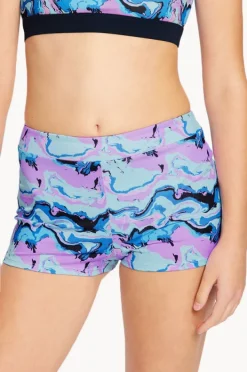 Period Swimwear|Modibodi Girls Marble Performance Hi Waist Short Blue