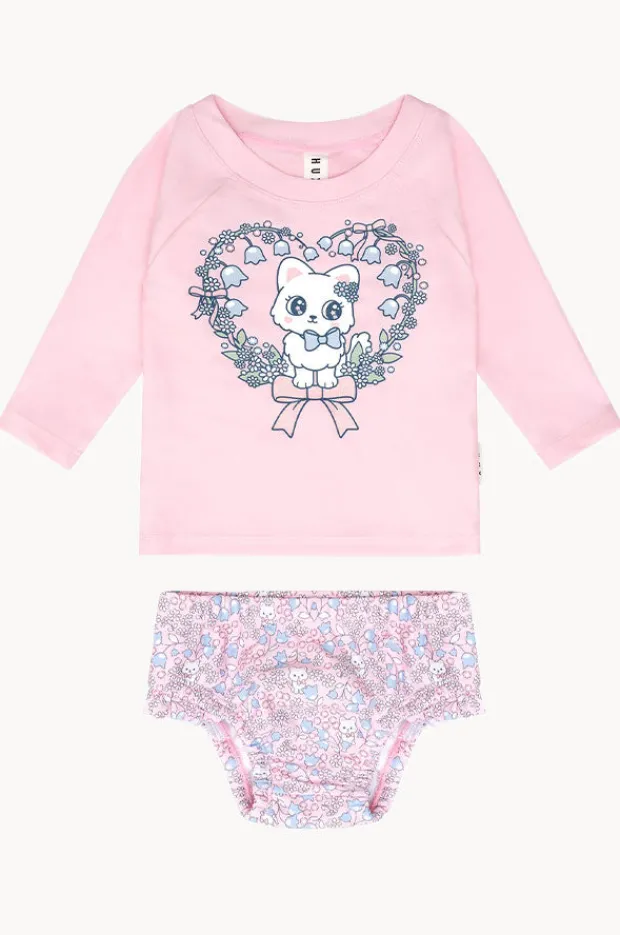 Rashies & Sunsuits|Rashies & Sunsuits|Huxbaby Girls Meow Meow Suntop Set Blossom