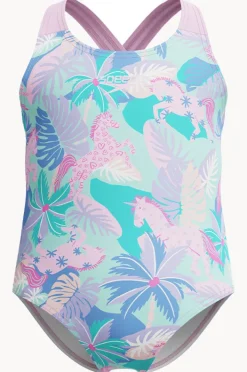 One Pieces|Speedo Girls Print Cross Back One Piece Pink/Green