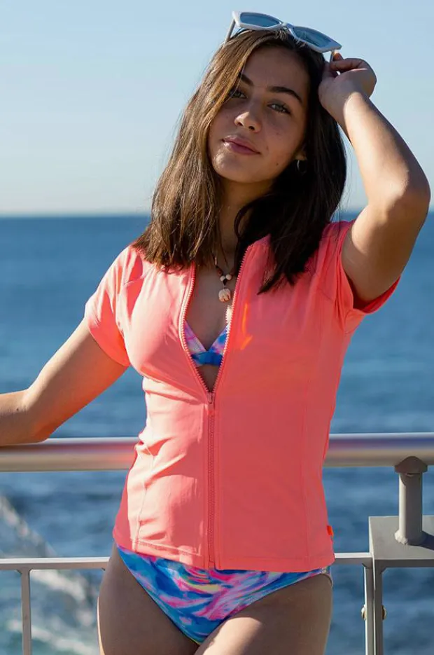 Rashies & Sunsuits|Salty Ink Girls Short Sleeve Zip Suntop Peach