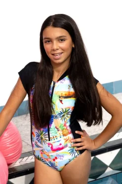 Rashies & Sunsuits|Rashies & Sunsuits|Salty Ink Girls Summer Vacay Short Sleeve Sunsuit Black/multi