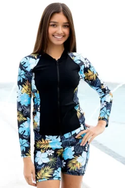 Rashies & Sunsuits|Salty Ink Girls Tropicana Long Sleeve Suntop Black