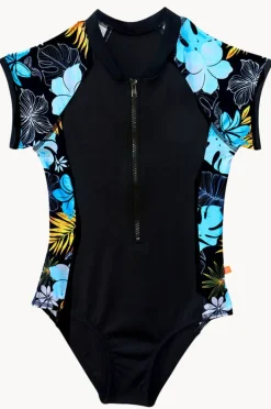 Rashies & Sunsuits|Salty Ink Girls Tropicana Short Sleeve Sunsuit Black