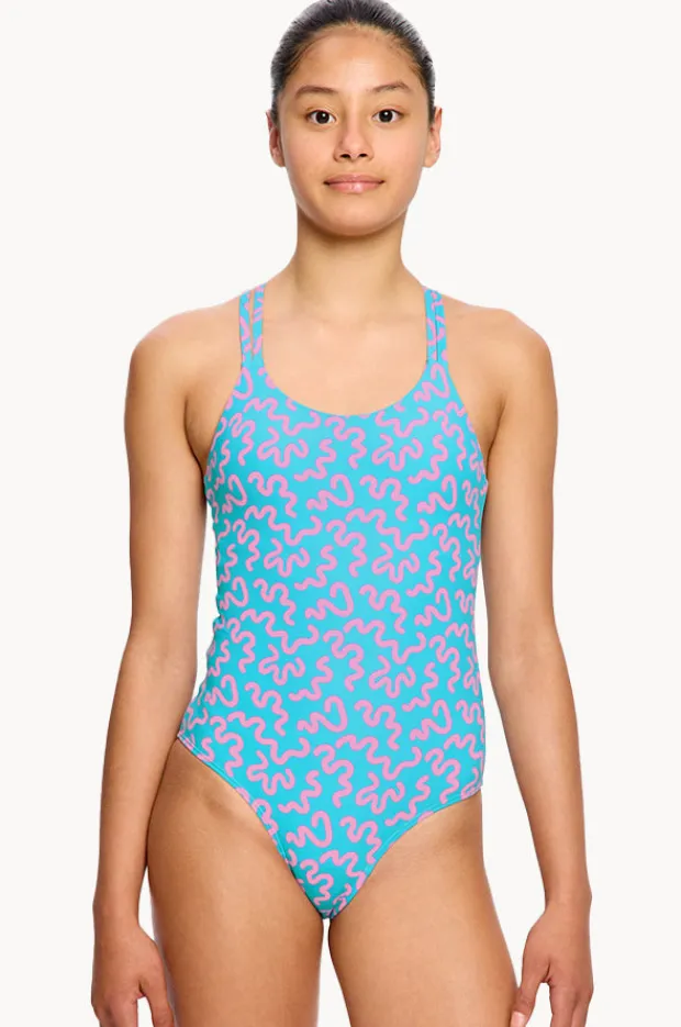 Period Swimwear|One Pieces|Modibodi Girls Wavy Cross Back One Piece Blue