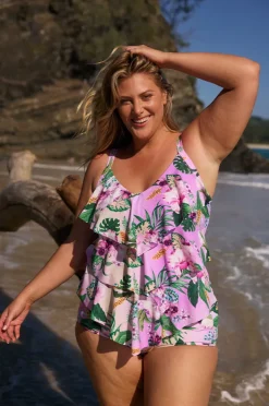 Tankini Tops|Capriosca Honolulu Tiered Frill Tankini Separate Purple/green