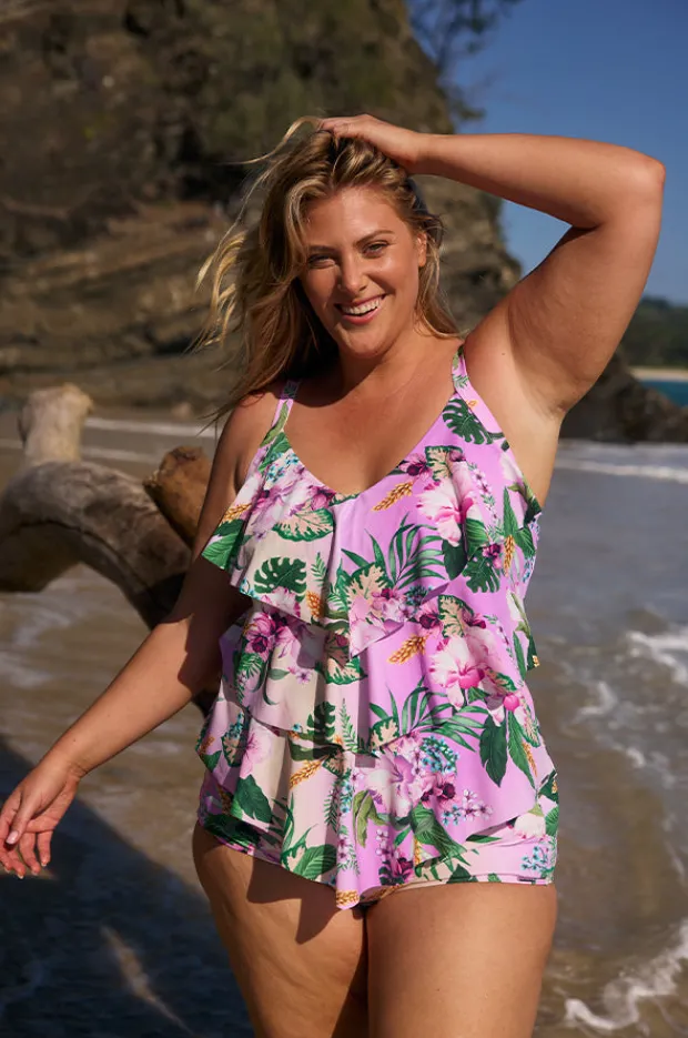 Tankini Tops|Capriosca Honolulu Tiered Frill Tankini Separate Purple/green
