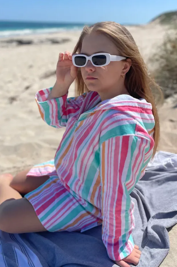 Towel Robes & Ponchos|Back Beach Co Kids Hawaiian Stripe Hooded Towel Robe 5-7Y Blue/natural