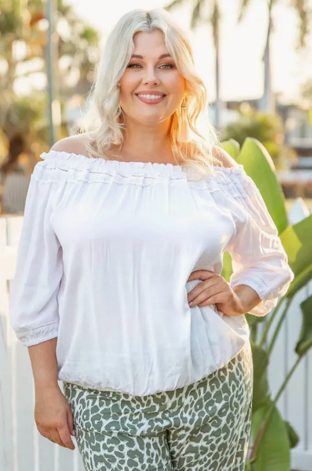 Tops|Bodacious Leaf Peasant Top White